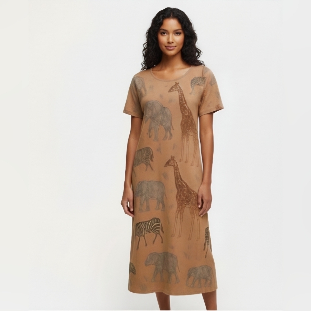 Vintage Blush Brown Animal Giraffe Elephant Maxi Dress Medium